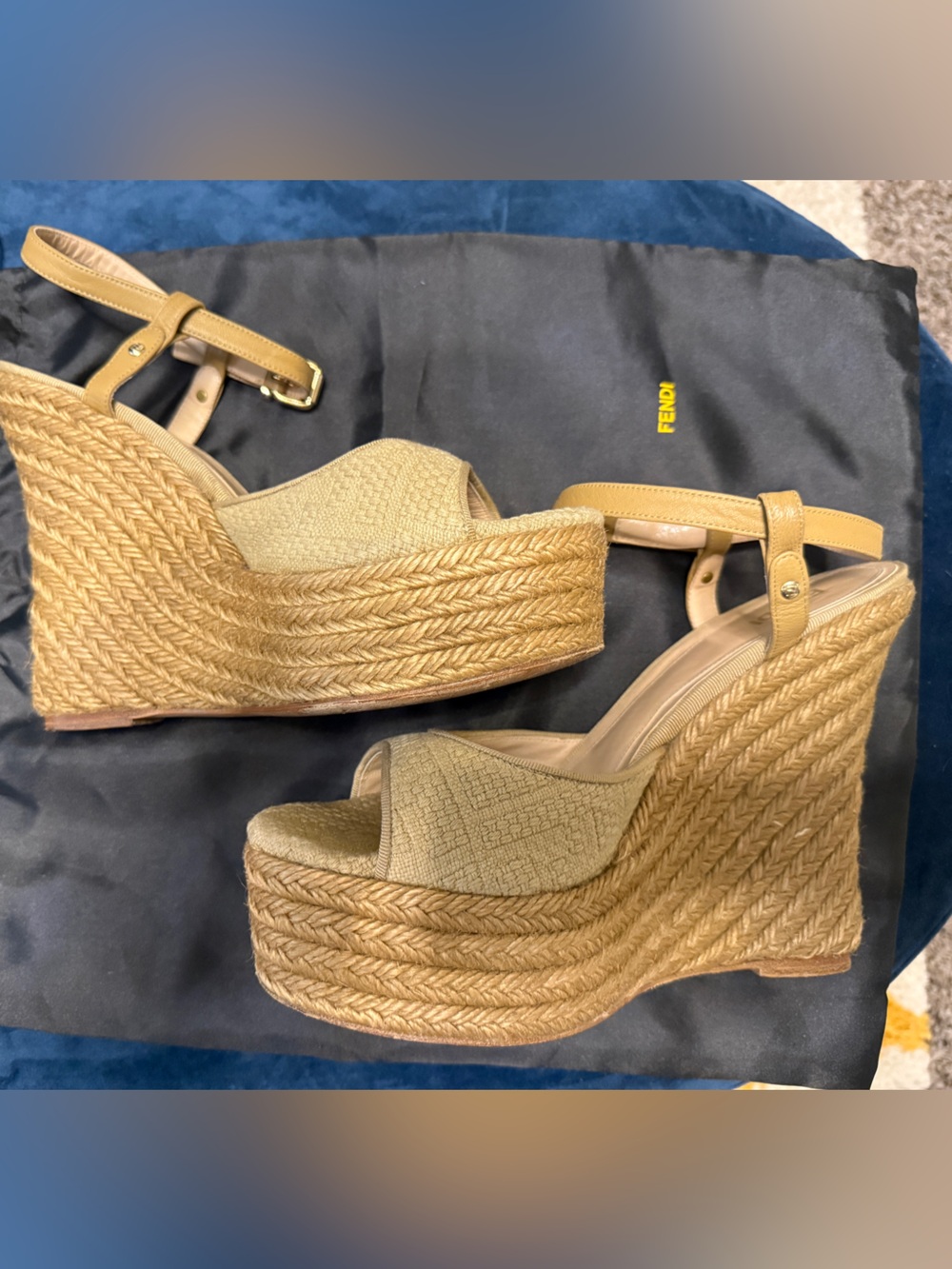 Fendi Beige-Tan Espadrille Wedge Sandals with Ankle Strap